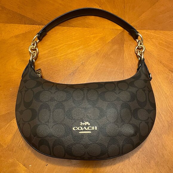 Coach Payton Hobo Handbag In Signature Coated Canvas Brown/Black - Picture 1 of 12